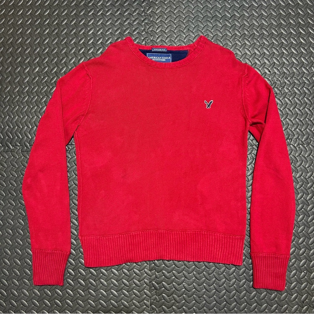 American Eagle Crewneck Sweater Red Vintage Fit Long Sleeve Preppy Mens Large